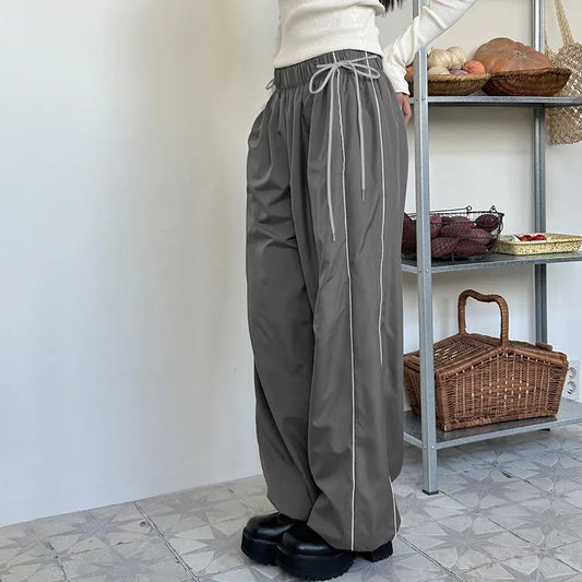 Women Drawstring Baggy Trousers Casual Streetwear Side Stripe Elastic Straight Cargo Pants 2023 Y2k Aesthetic Jogger Sweatpants