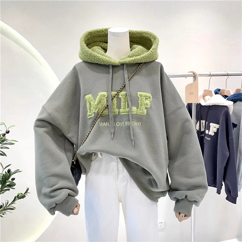 Fashion Patchwork Sweatshirt Women Autumn Winter Casual Loose Thick Letter Long Sleeve Hoodies Female Streetwear