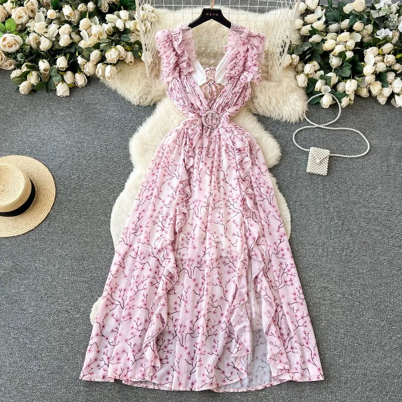 Seaside Maxi Floral Printing Tank Dress Summer Sweet Edible Tree Fungus Midi Robe Pleated Chiffon Ruffles Beach Sleeveless Skirt