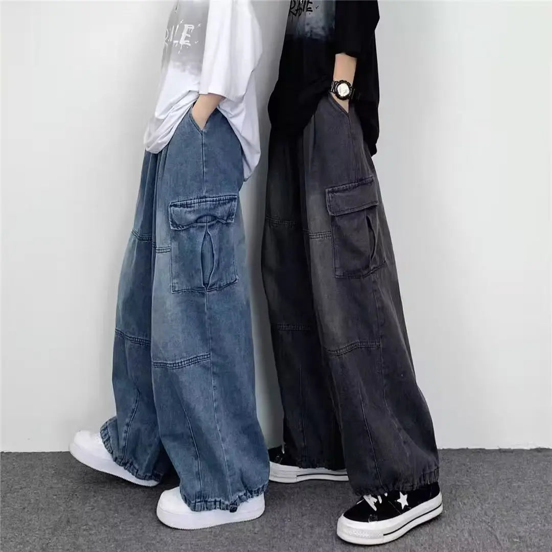 Vintage Y2K Fashion Streetwear Baggy Cargo Jeans for Men High Waisted Straight Wide Leg Pants Male Loose Denim Trousers 2023 New