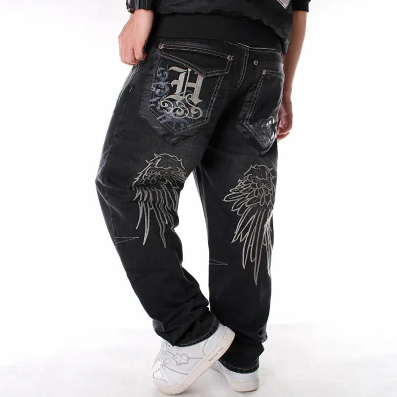 Nanaco Man Loose Baggy Jeans Hiphop Skateboard Embroidery Denim Slacks Pants Men's Black Trousers Chinese Size 30-46