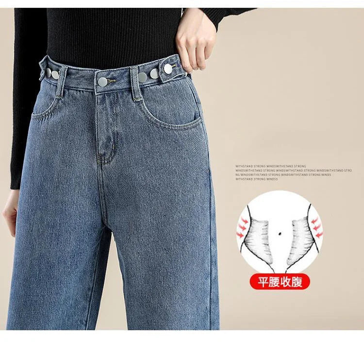 Autumn Winter Plus Velvet Loose High Waist Wide Leg Pants Casual Multi Button Thick Warm Baggy Jeans All-match Denim Trousers