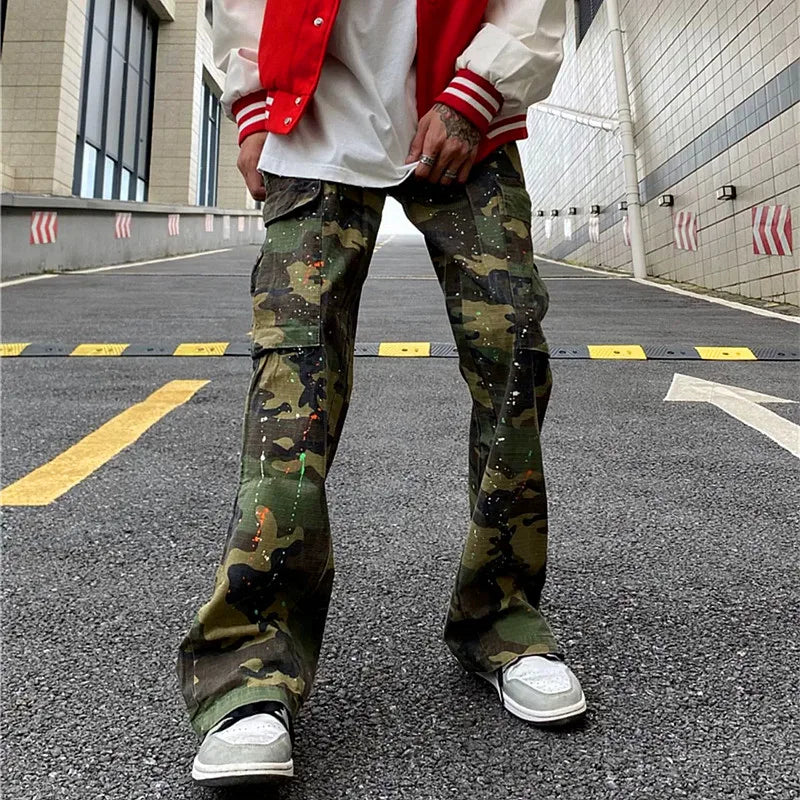 4seasoneAttire -Y2K Fashion Ink Graffiti Baggy Tracksuit Cargo Flare Pants Men Joggers Camouflage Women Casual Long Trousers Ropa Hombre