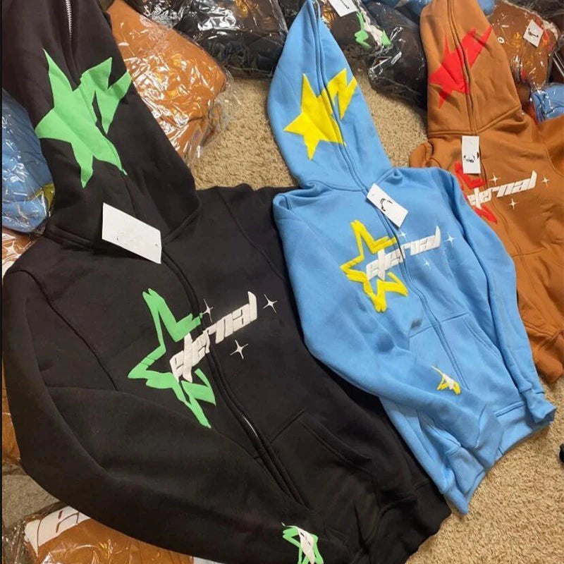 Men Star Letter Printed Hoodies Y2K Autumn High Street Long Sleeve Hooded Sweatshirt Female Harajuku Hip-hop Zipper Jacket Coats