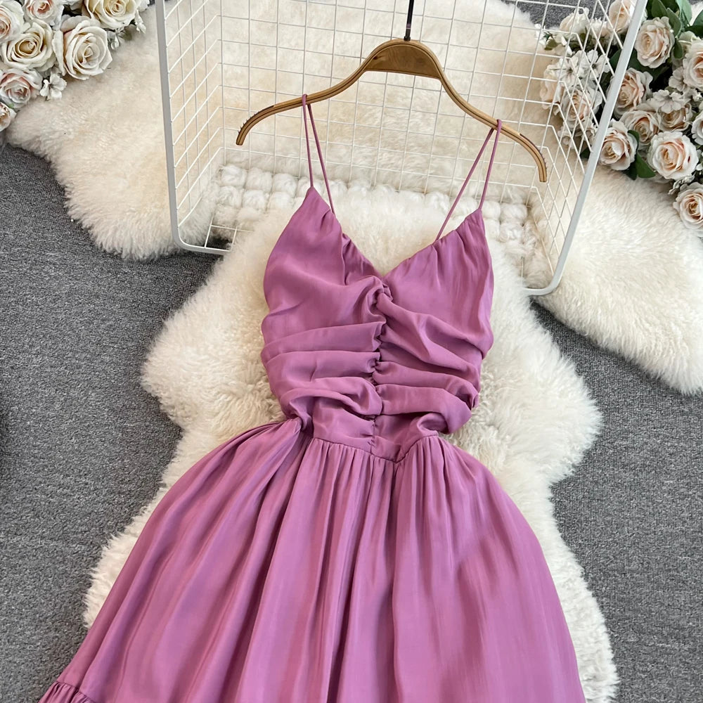 Sweet Solid Pink Robe Camis V Neck Suspender Skirt Summer Seaside Backless High Waist A Line Sleeveless Bandage Pleated Dress