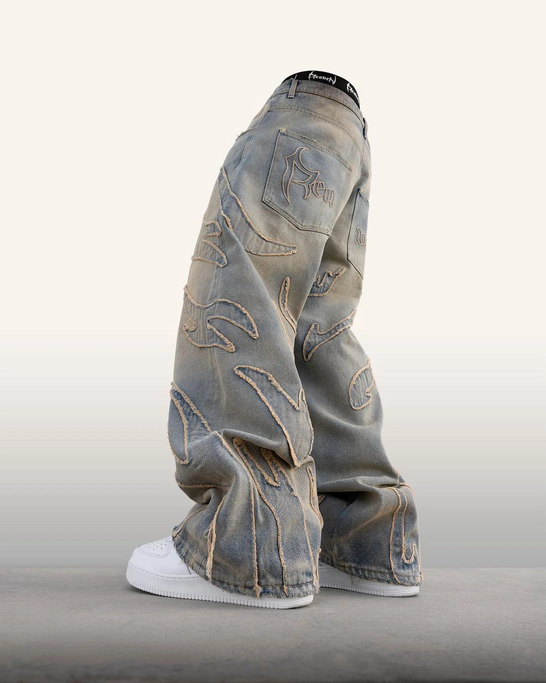 4seasoneAttire - Street Retro Raw Edge Embroidery Baggy Jeans for Men Fashion Hip Hop Pattern Women Patchwork High Waisted Denim Pants Y2k