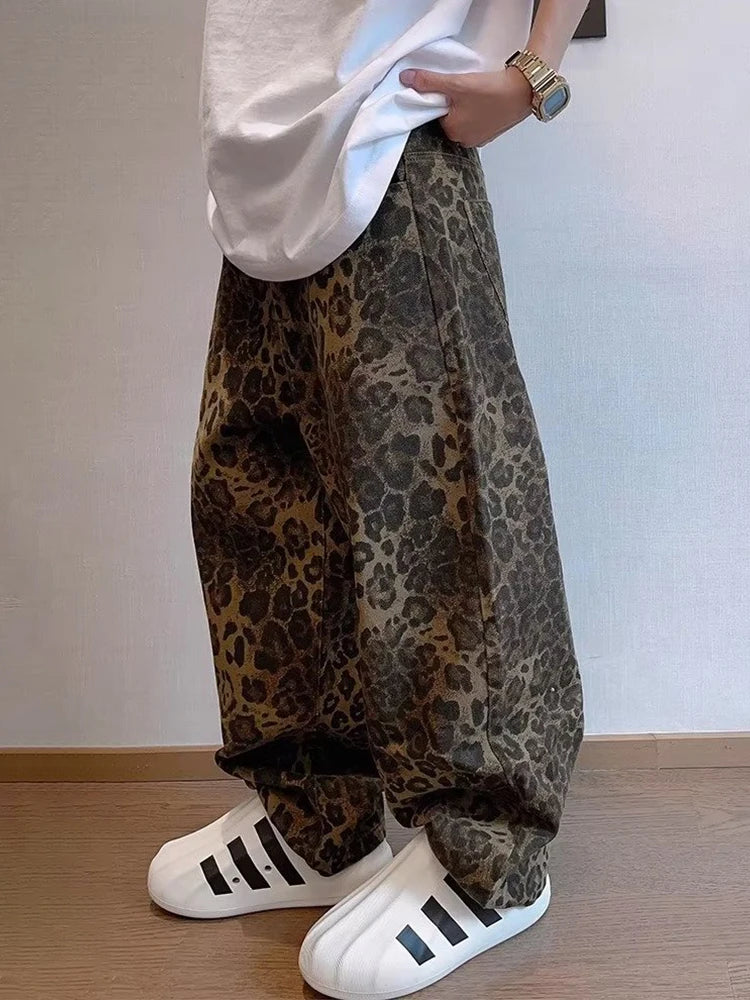 HOUZHOU Tan Leopard Jeans Men Denim Pants Male Oversize Wide Leg Trousers Streetwear Hip Hop Vintage Clothes Loose Casual