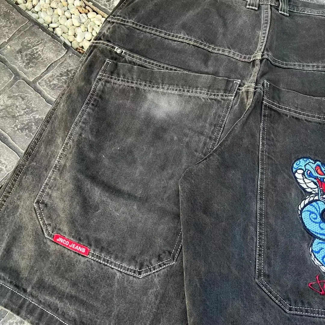 JNCO baggy Shorts Y2K New Harajuku Hip Hop Pattern Oversized Denim Shorts Mens Womens Retro Gothic Basketball Shorts Streetwear