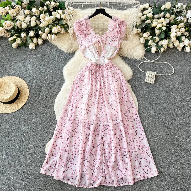 Seaside Maxi Floral Printing Tank Dress Summer Sweet Edible Tree Fungus Midi Robe Pleated Chiffon Ruffles Beach Sleeveless Skirt