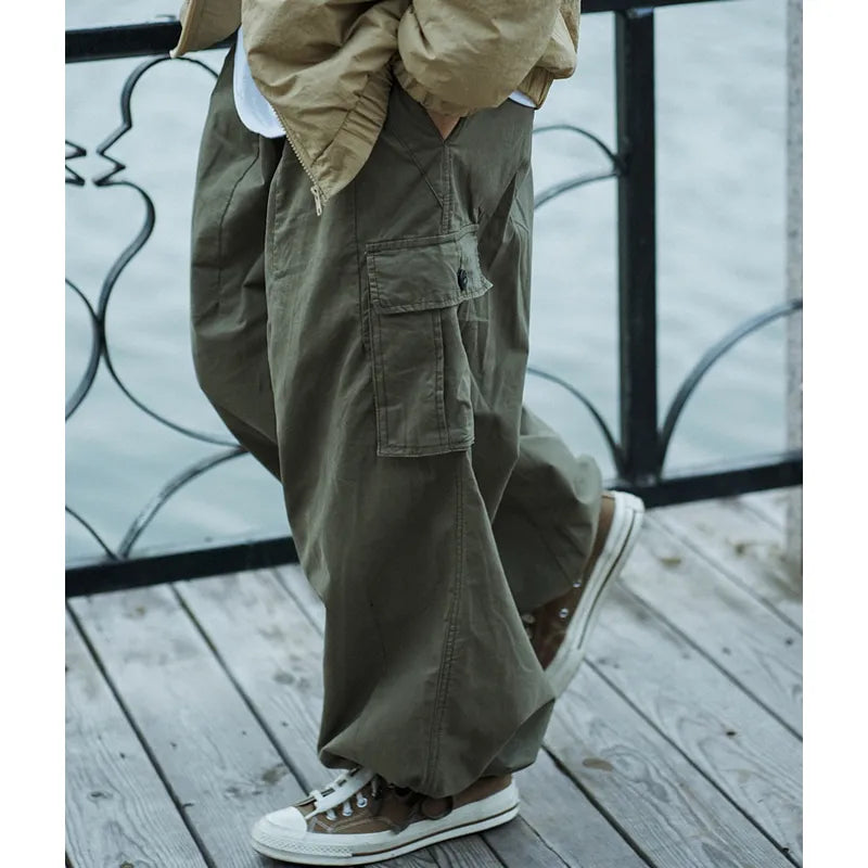 Multi-Pocket Cargo Pants Men's Casual Solid Colour Straight Pants Baggy Wide-leg Cropped Pants Men Ankle-length Pants