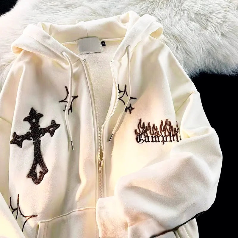 Gothic Embroidery Retro Hoodies Women Harajuku Long Sleeve Zip Up Loose Hooded Sweatshirt Female Casual High Street Jacket Coats