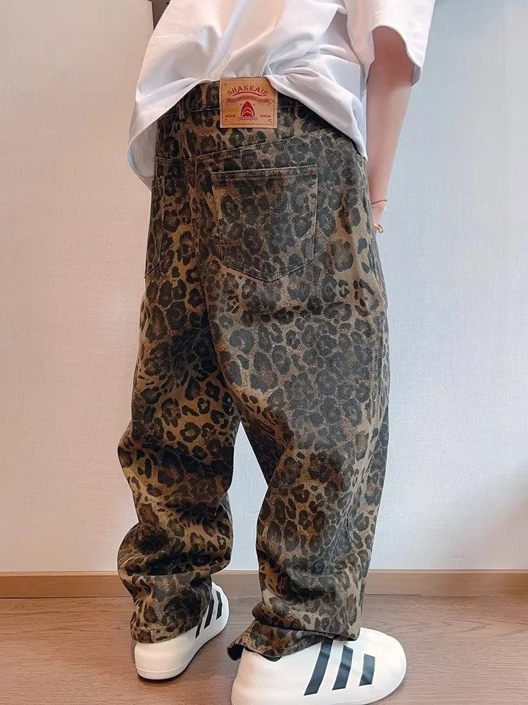 HOUZHOU Tan Leopard Jeans Men Denim Pants Male Oversize Wide Leg Trousers Streetwear Hip Hop Vintage Clothes Loose Casual