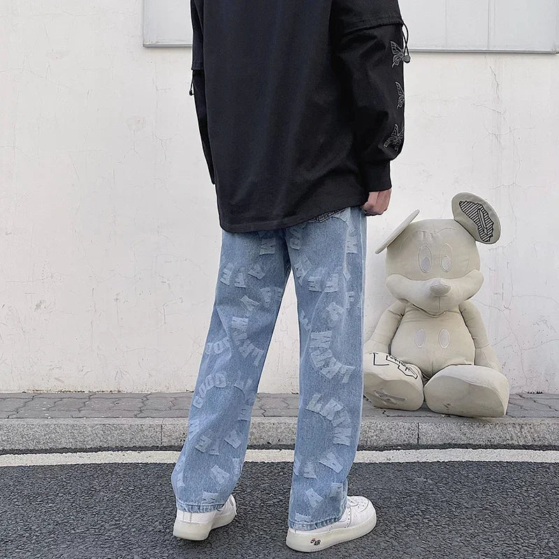 Jacquard Jeans Blue Mens Loose Straight Leg Long Pants Streetwear Baggy Denim Clothing Graphic Streetwear Baggy