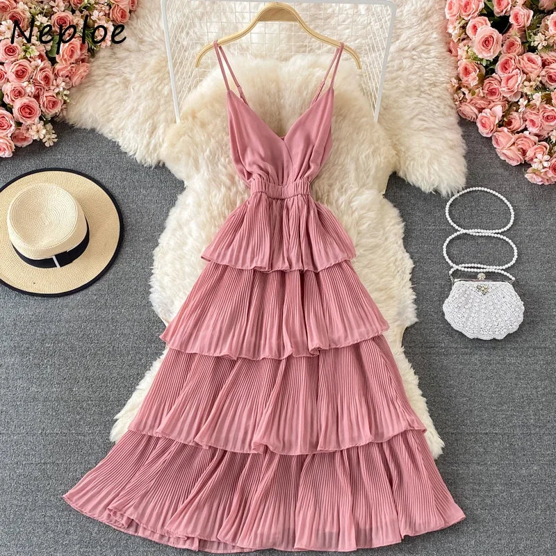 Neploe V Neck Sleeveless Shoulder Strapless Camis Dress Women Ruffles Patchwork Multicolor Holiday Vestido High Waist Hip Robe