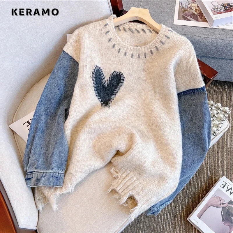 Women's Vintage Y2K Knitting Long Sleeve Casual Pullovers 2023 Autumn Winter Fashion Round Neck Patchwork Denim Sweater Top