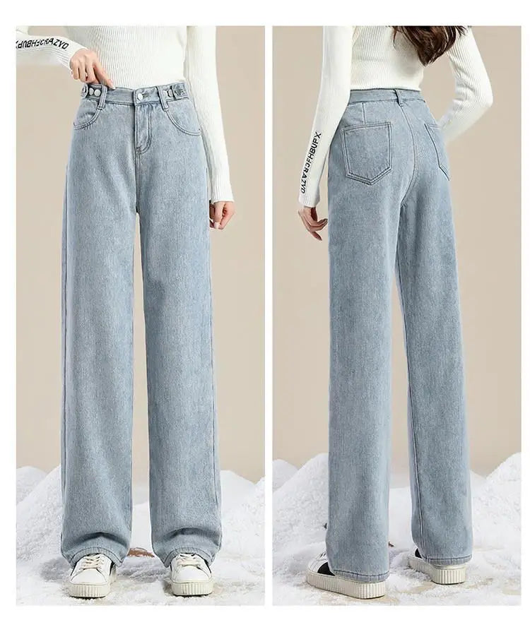 Autumn Winter Plus Velvet Loose High Waist Wide Leg Pants Casual Multi Button Thick Warm Baggy Jeans All-match Denim Trousers