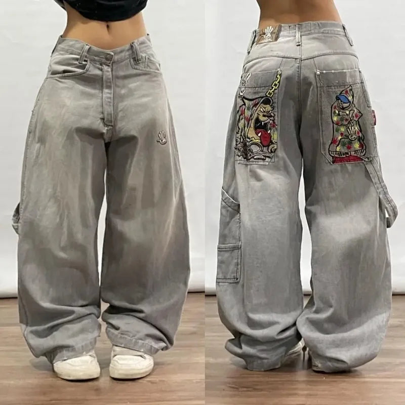 Y2k Fashion New Korean Jeans Women Vintage Pattern Embroidery Casual Baggy High Waist Korean Street Wear Women Gothic Pants