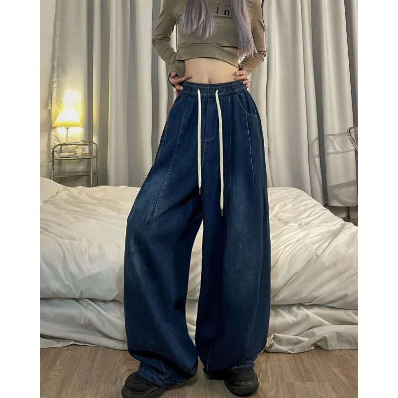 Spring Women Vintage Baggy Jeans Elastic Waist Oversized American Trouser Denim Wide Leg Streetwear Straight Basic Pants Y2k