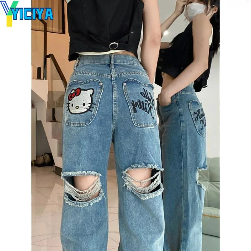 YICIYA y2k style jeans hellokitty Women Hollowed out jean Full Length baggy pants Denim STRAIGHT Trousers Aesthetic clothing New