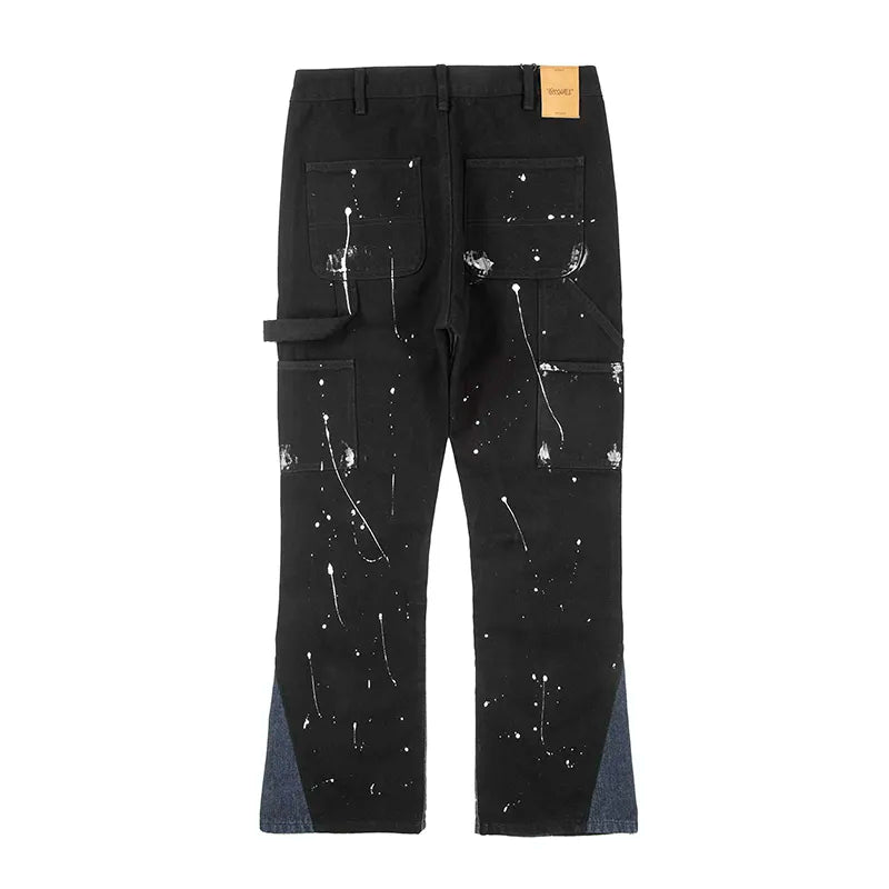 Hip Hop Contrast Color Splice Speckled Ink Paint Micro Flared Jeans for Men Straight Baggy Y2K Denim Trousers Oversized Cargos