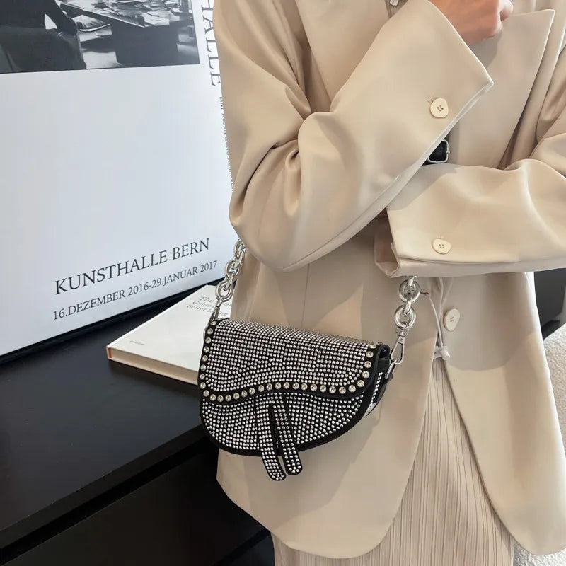 Women's Bag 2022 Trend High-Grade Thick Chain Bright Diamond Luxury Designer Crossbody Bags Free Shipping Fashion Saddle Bag