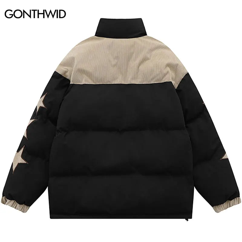 Winter Men Jacket Parka Corduroy Patchwork Embroidery Star Thicken Warm Padded Coat Streetwear Hip Hop Harajuku Bubble Jacket