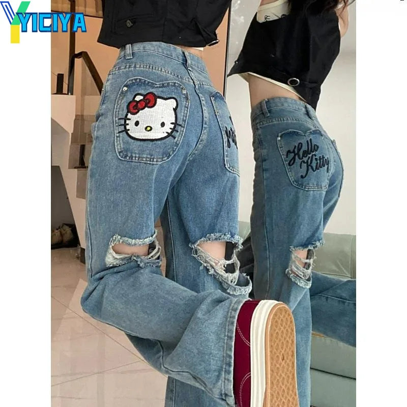 YICIYA y2k style jeans hellokitty Women Hollowed out jean Full Length baggy pants Denim STRAIGHT Trousers Aesthetic clothing New