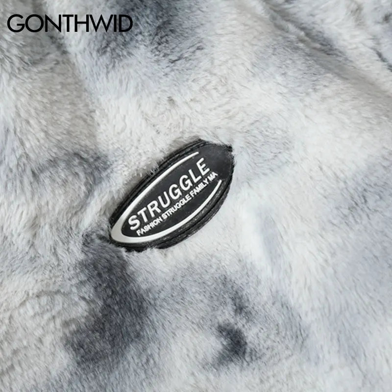 Hip Hop Winter Faux Fur Fleece Jacket Streetwear Men Harajuku Tie Dye Heart Fuzzy Jackets Warm Coats 2023 Casual Zipper Coats