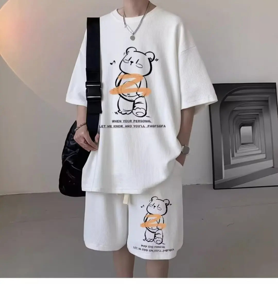 Summer Men Tracksuit Japan Cartoon Streetwear Cool Bear Printed Waffle T-Shirts Shorts 2 Piece Set Hip Hop Casual Short Suit New