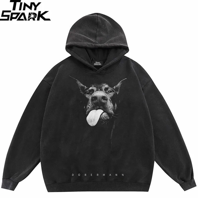 2024 Hip Hop Oversize Hoodie Sweatshirt Men Streetwear Funny Doberman Dog Animal Graphic Harajuku Washed Black Hooded Pullover