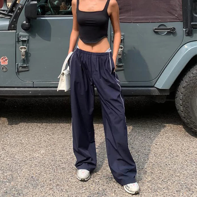 Y2K Baggy Cargo Pants Women Streetwear Baggy Elastic High Waist Sweatpants Harajuku Hip Hop Straight Wide Leg Pants Black Blue