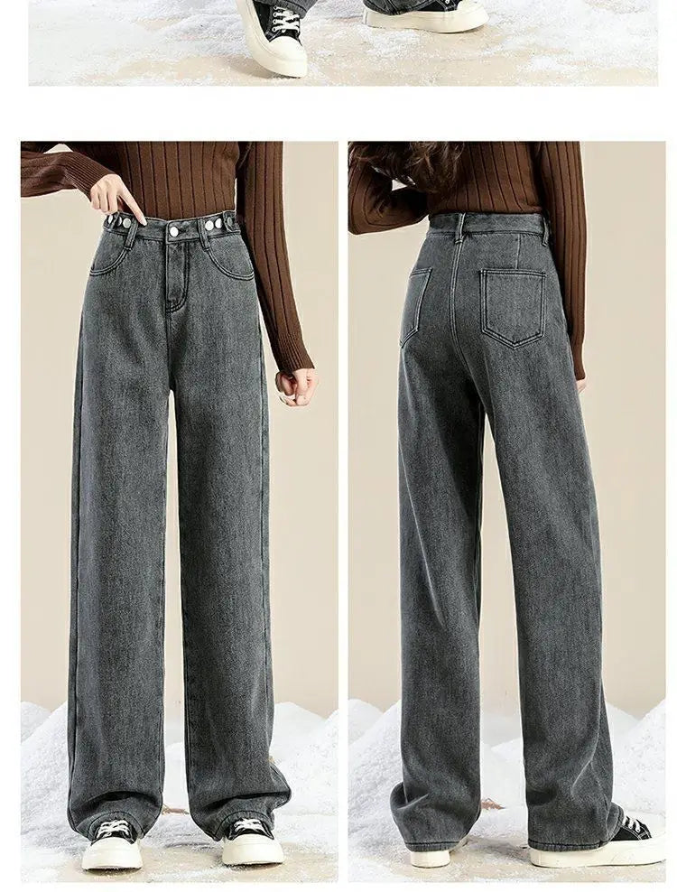 Autumn Winter Plus Velvet Loose High Waist Wide Leg Pants Casual Multi Button Thick Warm Baggy Jeans All-match Denim Trousers