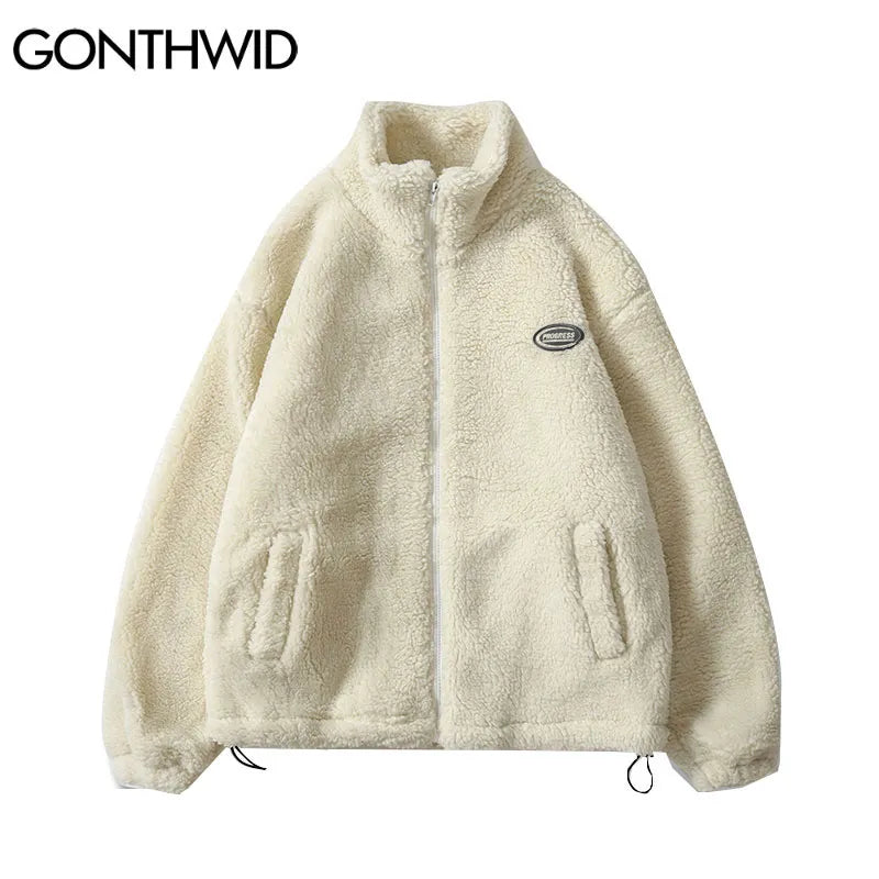 Hip Hop Winter Fleece Fluffy Jacket Streetwear Harajuku Fuzzy Zipper Coat Men Autumn Solid Color Lightweight Jackets Black Beige