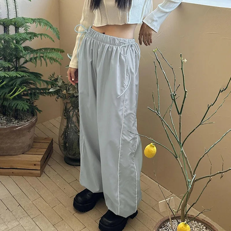 Women Drawstring Baggy Trousers Casual Streetwear Side Stripe Elastic Straight Cargo Pants 2023 Y2k Aesthetic Jogger Sweatpants