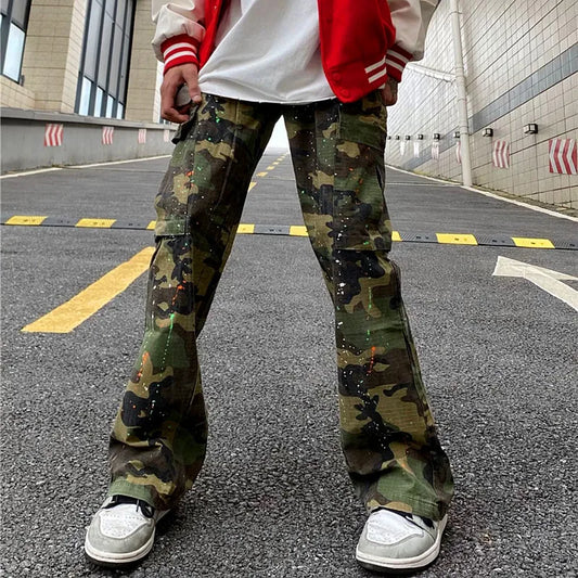 4seasoneAttire -Y2K Fashion Ink Graffiti Baggy Tracksuit Cargo Flare Pants Men Joggers Camouflage Women Casual Long Trousers Ropa Hombre