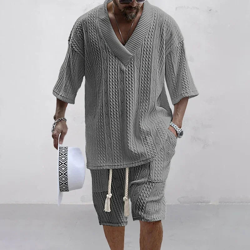 Men Shorts Set Summer Casual Knitted Two Piece Men's Clothing V-Neck Short Sleeve T-shirt and Shorts Streetwear Knit Outfits