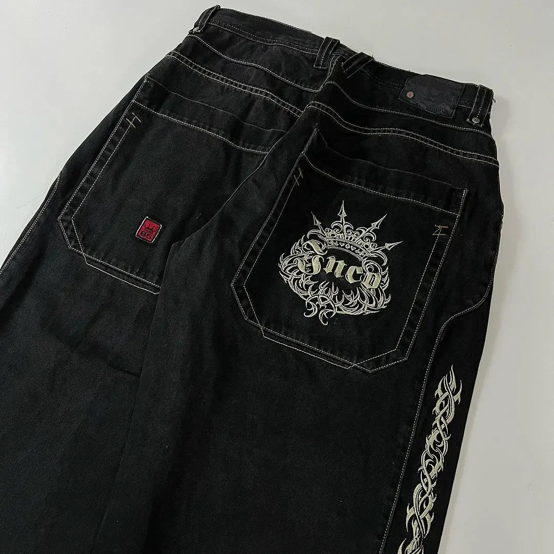 JNCO American embroidered washed jeans zipper splicing high street fashion brand Y2K retro niche loose straight Baggy pants