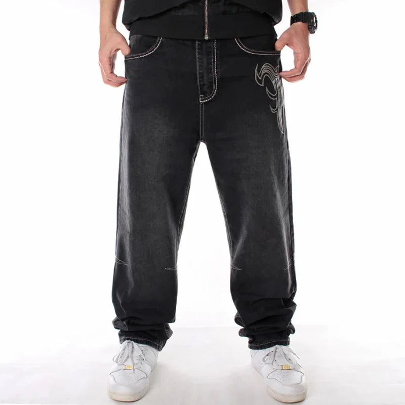 Nanaco Man Loose Baggy Jeans Hiphop Skateboard Embroidery Denim Slacks Pants Men's Black Trousers Chinese Size 30-46