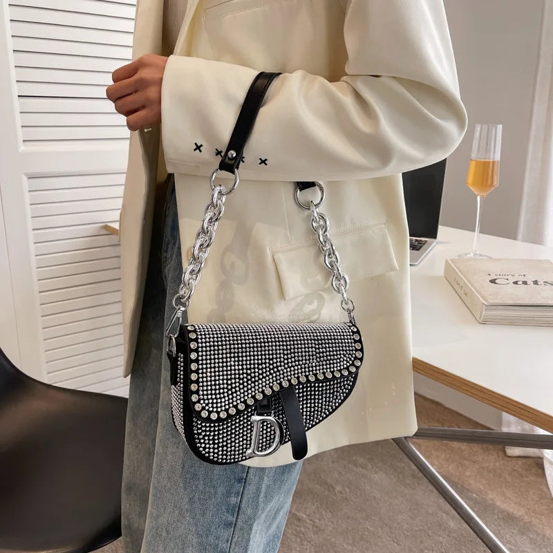 Women's Bag 2022 Trend High-Grade Thick Chain Bright Diamond Luxury Designer Crossbody Bags Free Shipping Fashion Saddle Bag