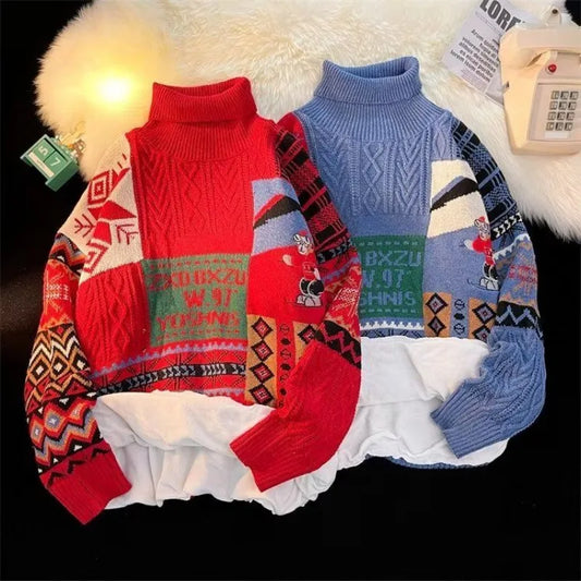 American New Retro Christmas Tree Sweater Y2K Jacket  Street Fashion For Men And Women Loose High-necked Plus Velvet Padded Sweater Coat