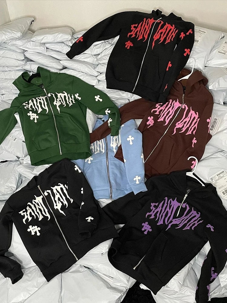 Y2k Men Emo Streetwear Hoodie Zip Up Sweatshirts Fairy Grunge Pullover Oversized Letter cross Goth Jacket Tops Hoodies Clothes