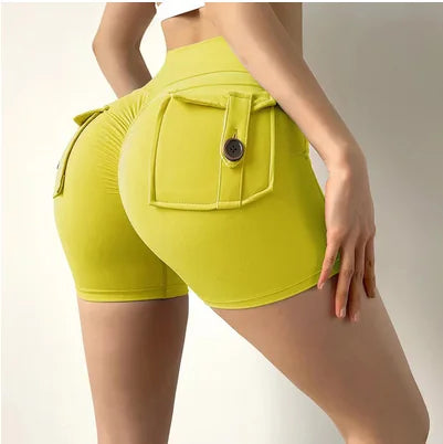 Nude High Waist Peach Hip Seamless Fitness Shorts with Pockets Women's Tight Sports Running Training Dance Hip Lifting Pants