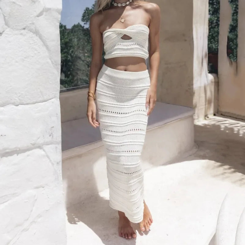 Beach Dresses Women 2024  Skirt Set Sleeveless Backless Cropped Tube Top Drawstring  Long Skirts Elegant Fashion 2 Piece Sets