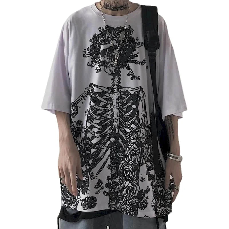 Men T-shirts 2024 Summer Streetwear High Street Gothic Skull T-Shirt Loose Oversized Short-sleeved T shirt Dark Anime Men Y2k Top