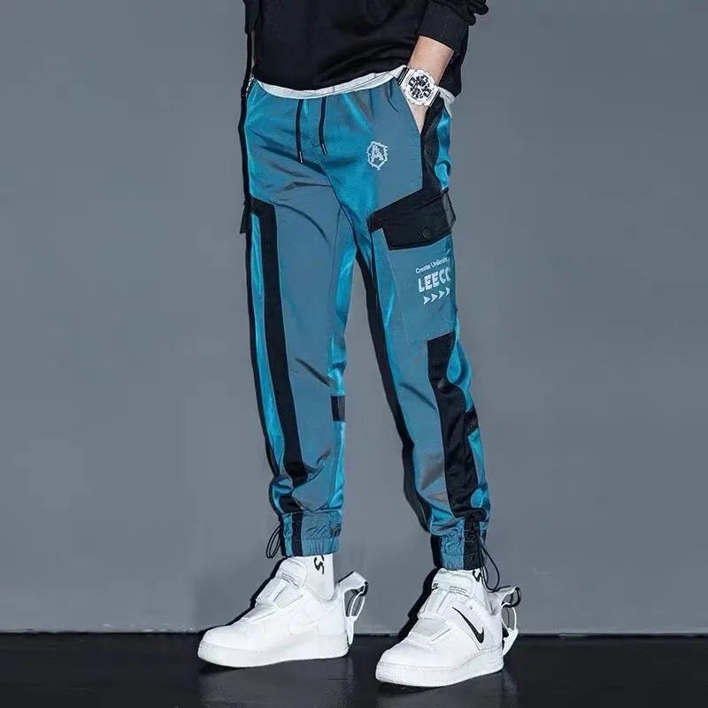 Hip Hop Streetwear Baggy Pants Men Student Casual Cargo Pant Trousers High Street Elastic Waist Loose Laser Harem Pant Boys