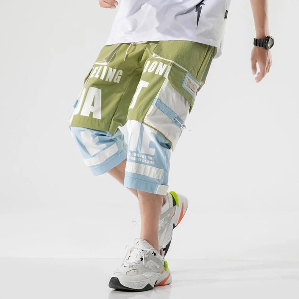 Summer Fashion Men Shorts Casual Hiphop Streetwear Harajuku Pocket Cargo Color Contrast Patchwork Print Street Retro Japan