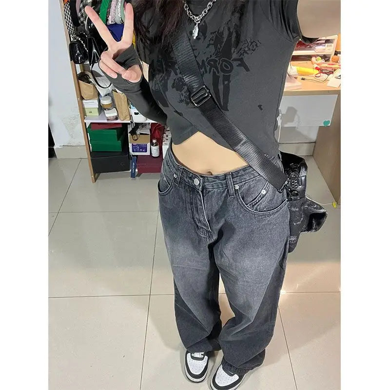 Y2k Straight Denim Trousers Jeans Women Vintage 90S High Waist Loose Wide Leg Casual Long Baggy Pants Clothing Female Streetwear