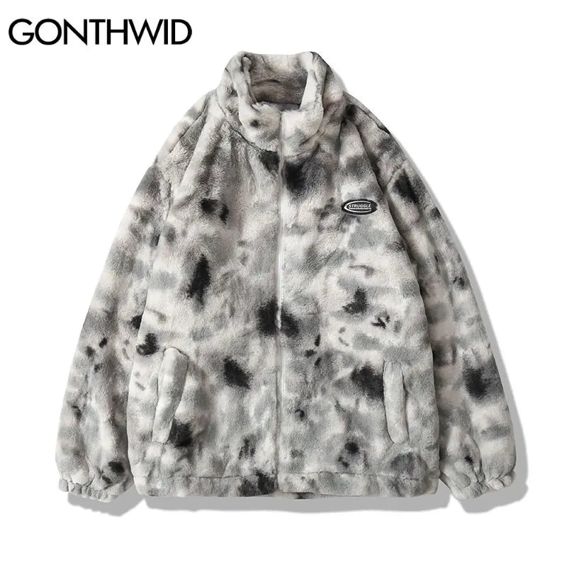 Hip Hop Winter Faux Fur Fleece Jacket Streetwear Men Harajuku Tie Dye Heart Fuzzy Jackets Warm Coats 2023 Casual Zipper Coats