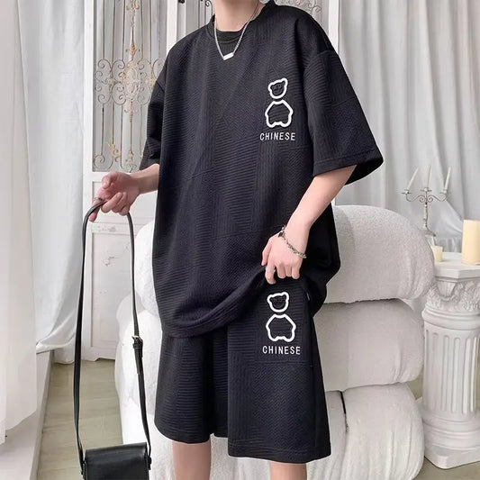 Summer Men's Sets Korean Fashion Men Clothing Tracksuit Men Casual Short Sleeve T-Shirts +Shorts 2 Piece Set Men S-6XL