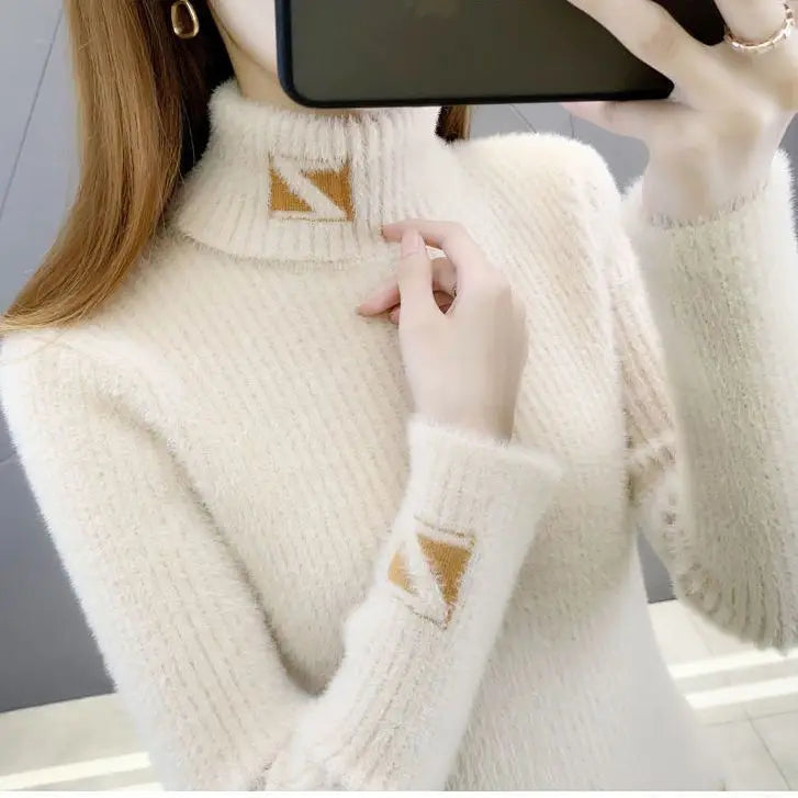 High Collar Pullover Sweater Women Mink Letter Jacquard Underlay Solid Western Knit Undercoat Autumn Winter Pullover Sweater
hoodie style